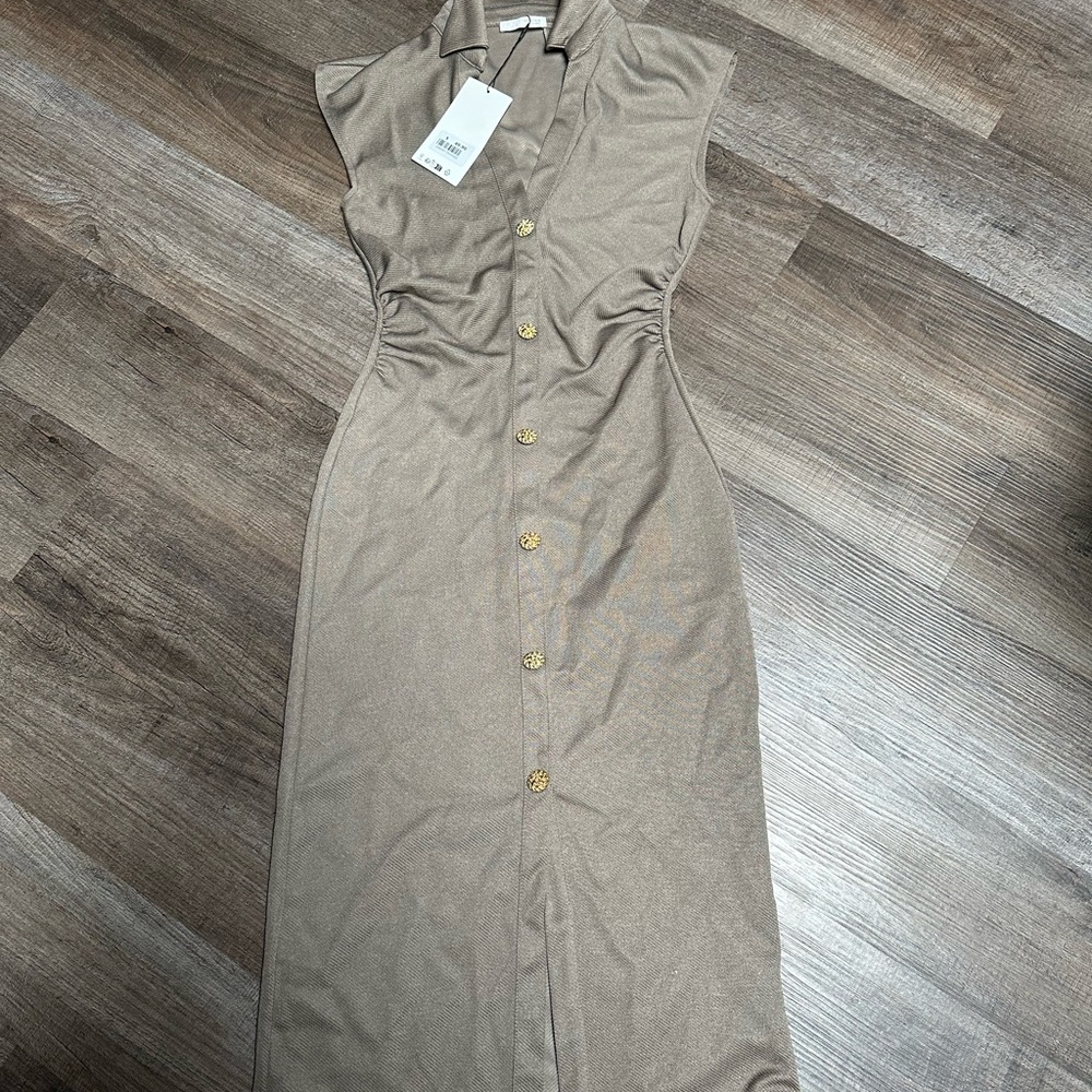 Zara Elegant Brown/Tan Button-Down Dress